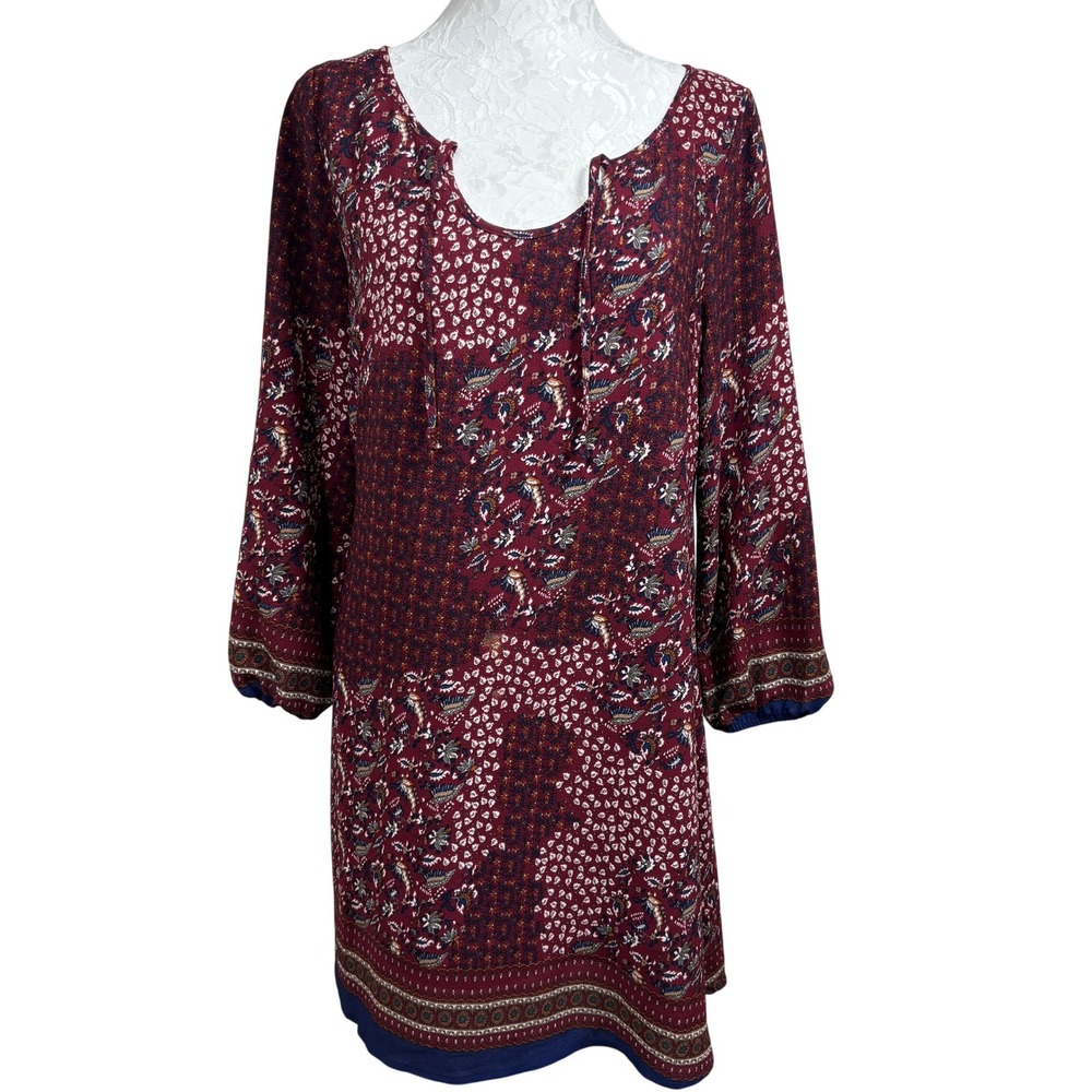 Entro Maroon Patchwork Floral Notched Tie Neck Tunic Mini Shift Dress Womens M